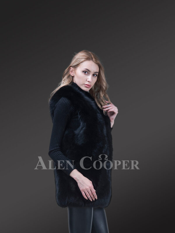 Womenmid-length genuine fox fur winter vest in coal black new side view