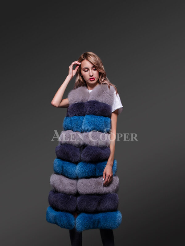 Womens colorful real fox fur real warm long paragraph winter vest new blue views