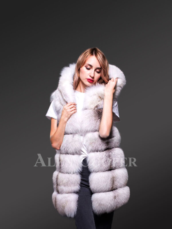 Womens hooded super stylish and true warm white-gray real fox fur winter vest new side view