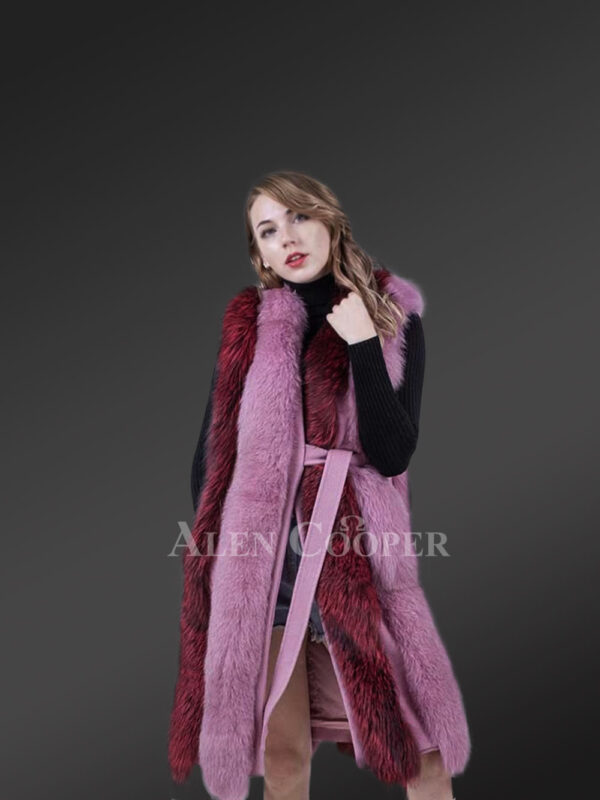 Womens long and stylish bi-color real fur winter coat with mid belt