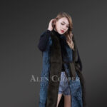 Women long and stylish bi-color real fur winter coat with mid belt in navy