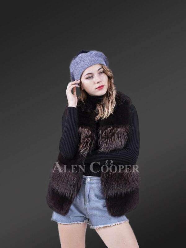 Womens mid-length bi-color soft and warm real fox fur winter vest new view