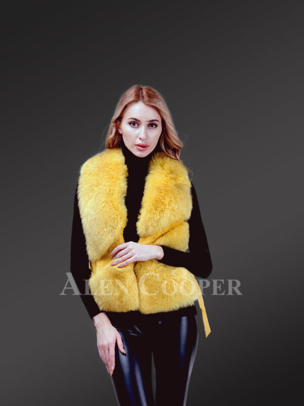 Womens short length sleeveless genuine fox fur winter vest in yellow new