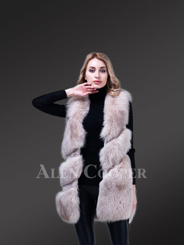 Womens stylish real fox fur mid-length winter vest with twisted front new
