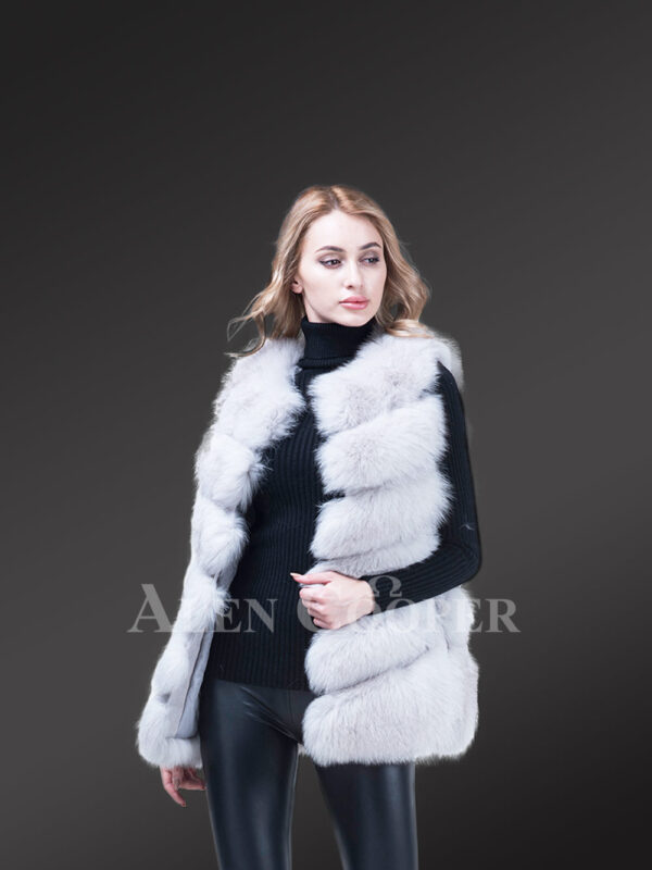 Womens trendy 6 rows real fox fur paragraph winter vest in white hue new