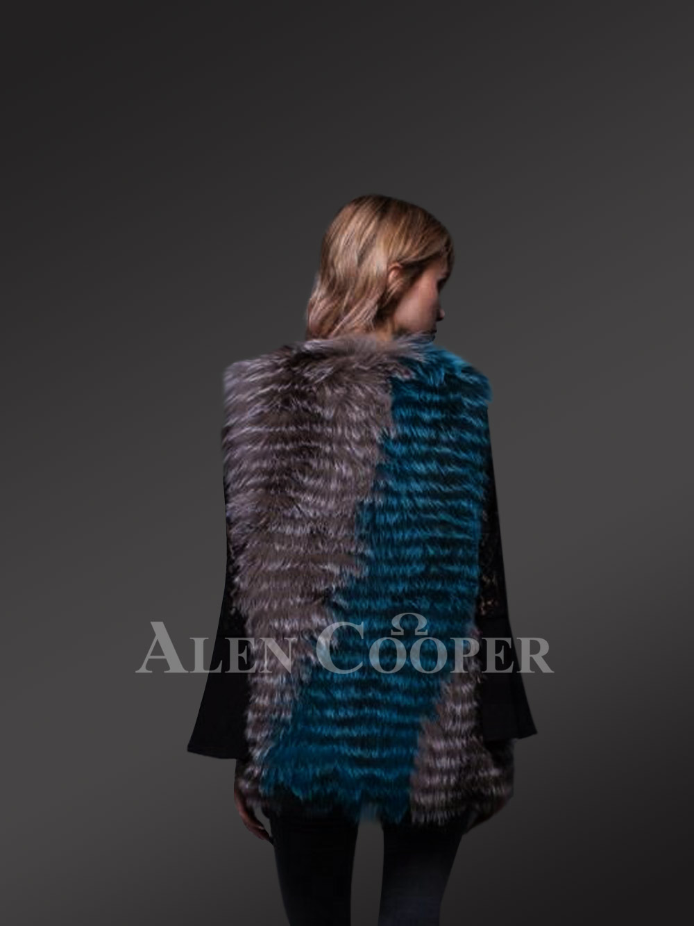 Women’s classy multi-color real fox fur true warm sleeveless winter vest new back view