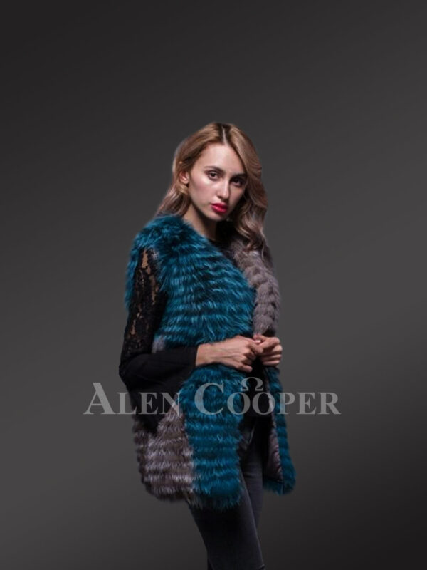 Women’s classy multi-color real fox fur true warm sleeveless winter vest new side view view