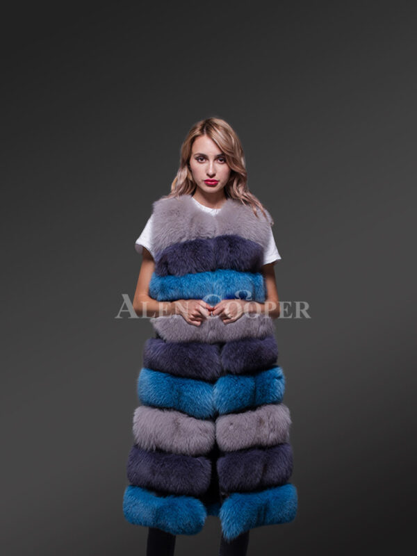 Women’s colorful real fox fur real warm long paragraph winter vest new blue