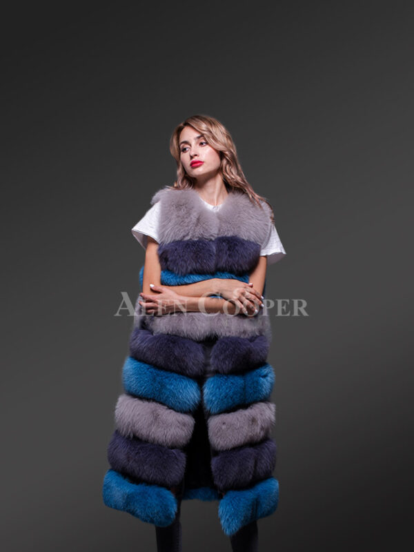 Women’s colorful real fox fur real warm long paragraph winter vest new blue view