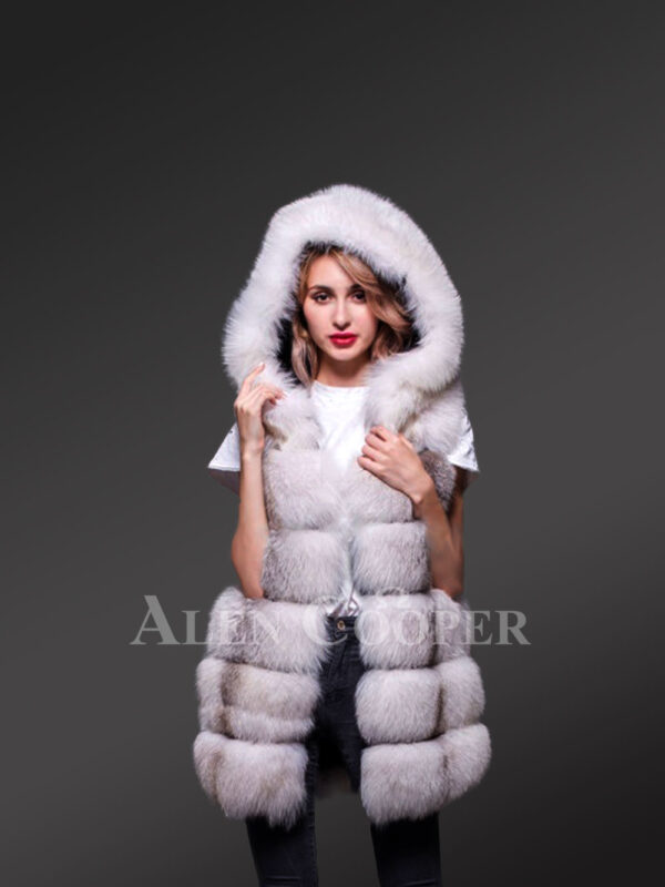 Women’s hooded super stylish and true warm white-gray real fox fur winter vest new