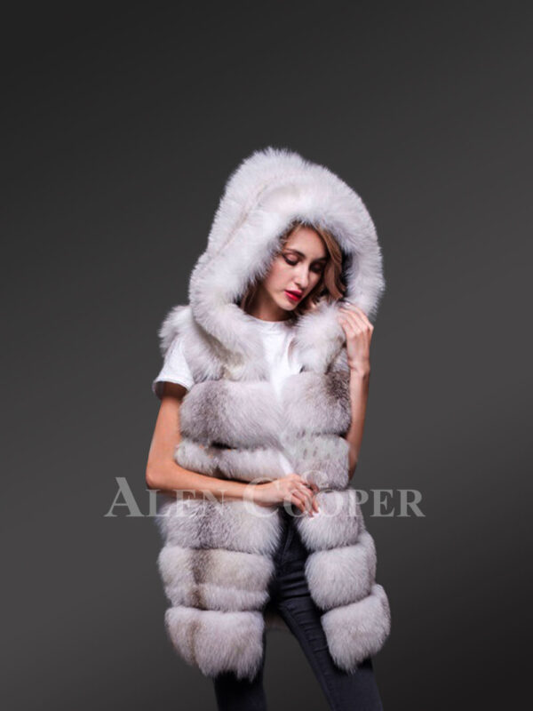 Women’s hooded super stylish and true warm white-gray real fox fur winter vest new view