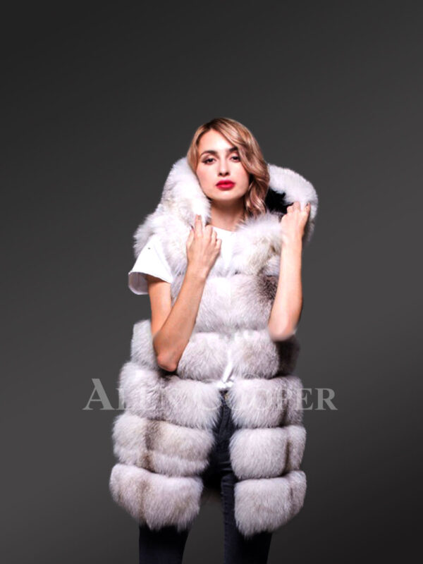 Women’s hooded super stylish and true warm white-gray real fox fur winter vest new views