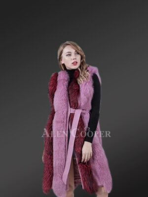 Women’s long and stylish bi-color real fur winter coat with mid belt