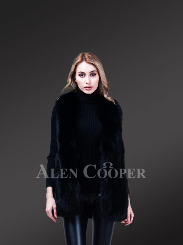 Women’s mid-length genuine fox fur winter vest in coal black new