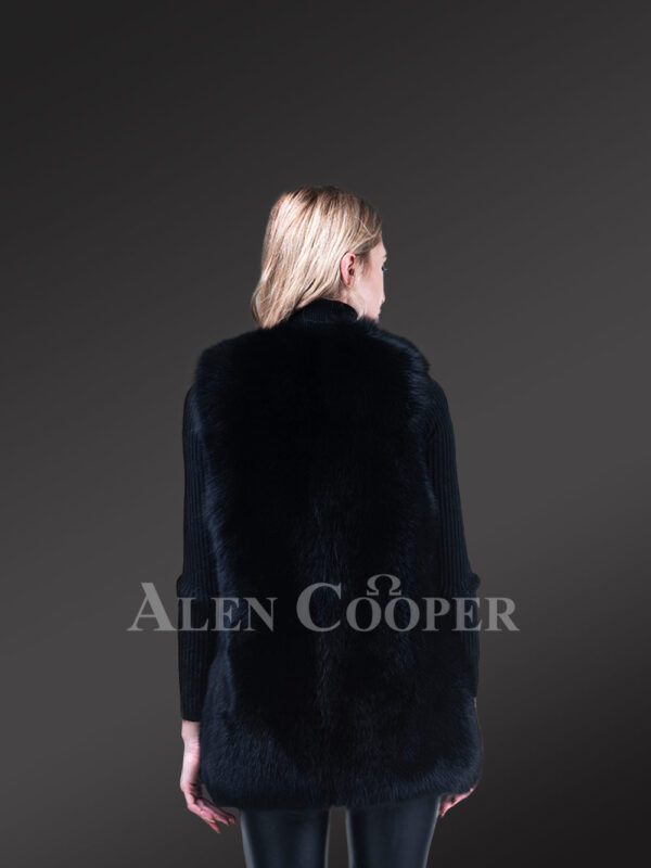Women’s mid-length genuine fox fur winter vest in coal black new Back side view