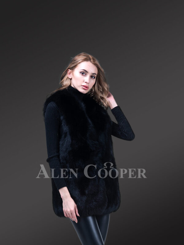 Women’s mid-length genuine fox fur winter vest in coal black new sideview