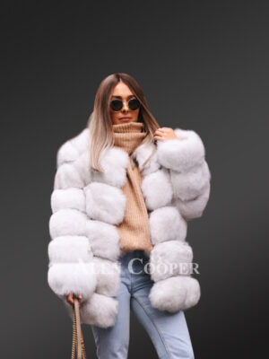 Women’s mid-length paragraph real fox fur warm winter coat in white new view