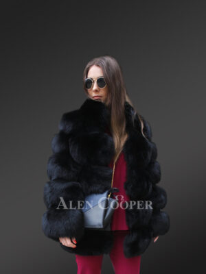Women’s mid-length real fox fur paragraph winter coat in black new