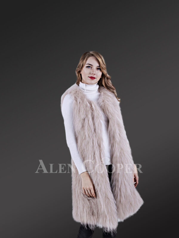 Women’s mid-length super warm and stylish raccoon fur winter outerwear side view new