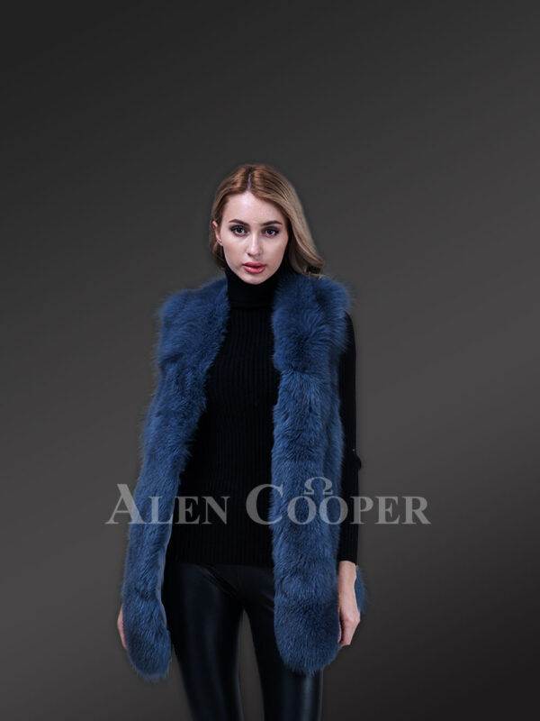 Women’s ocean blue mid-length real fox fur true warm winter vest new