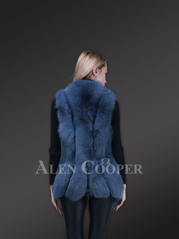 Women’s ocean blue mid-length real fox fur true warm winter vest new side Back view