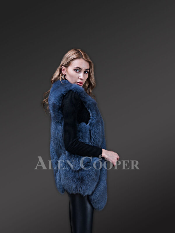 Women’s ocean blue mid-length real fox fur true warm winter vest new side view