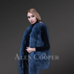 Women’s ocean blue mid-length real fox fur true warm winter vest new side views