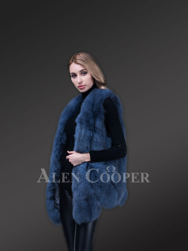 Women’s ocean blue mid-length real fox fur true warm winter vest new side views