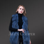 Women’s ocean blue mid-length real fox fur true warm winter vest new view