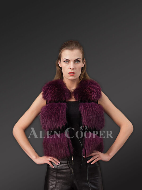 Women’s short length 3 paragraph real fox fur winter vest in Burgundy new