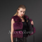 Women’s short length 3 paragraph real fox fur winter vest in Burgundy new side view