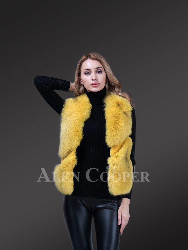 Women’s short length sleeveless genuine fox fur winter vest in yellow new