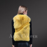 Women’s short length sleeveless genuine fox fur winter vest in yellow new Back side view