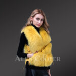 Women’s short length sleeveless genuine fox fur winter vest in yellow new side view