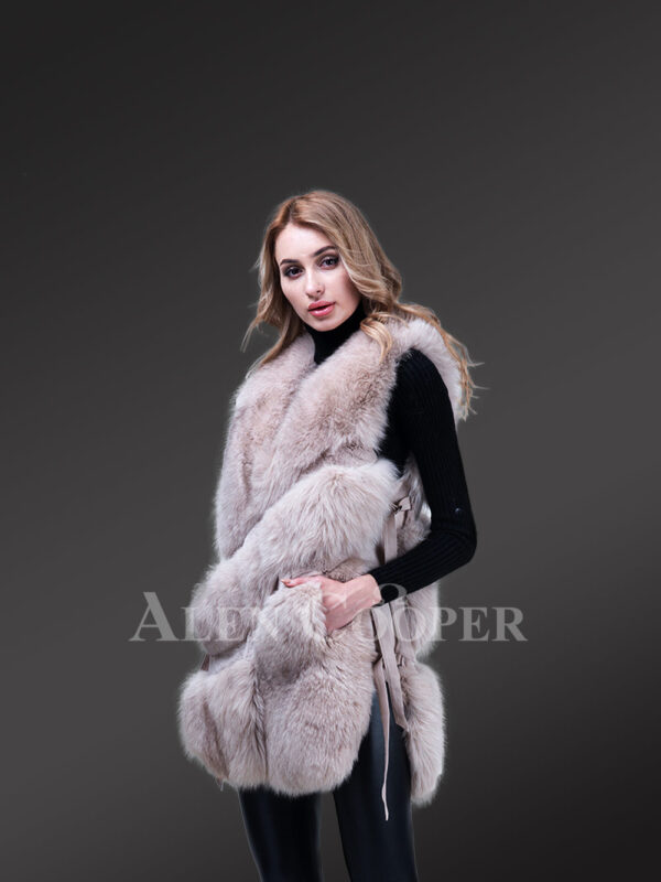 Women’s stylish real fox fur mid-length winter vest with twisted front new Side view