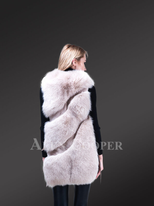 Women’s stylish real fox fur mid-length winter vest with twisted front new back Side view
