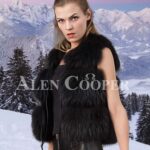 Women’s super attractive coal black real fox fur paragraph winter vest side view