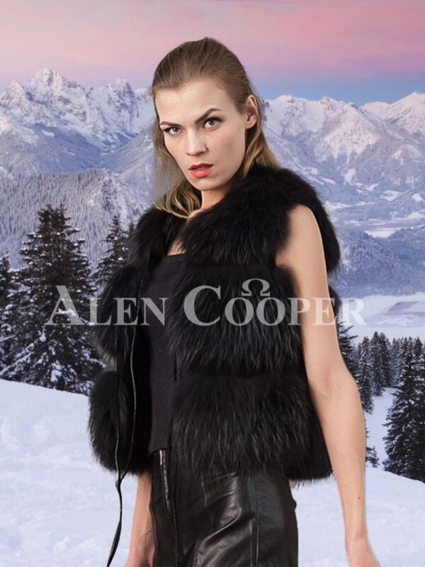 Women’s super attractive coal black real fox fur paragraph winter vest side view