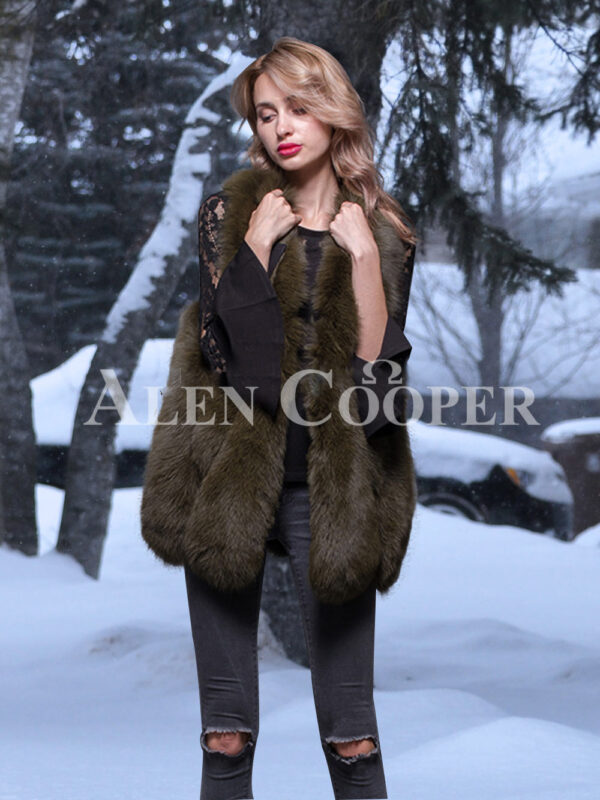 Women’s super stylish and unique real fox fur winter vest in rich olive