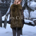 Women’s super stylish and unique real fox fur winter vest in rich olive Back side view