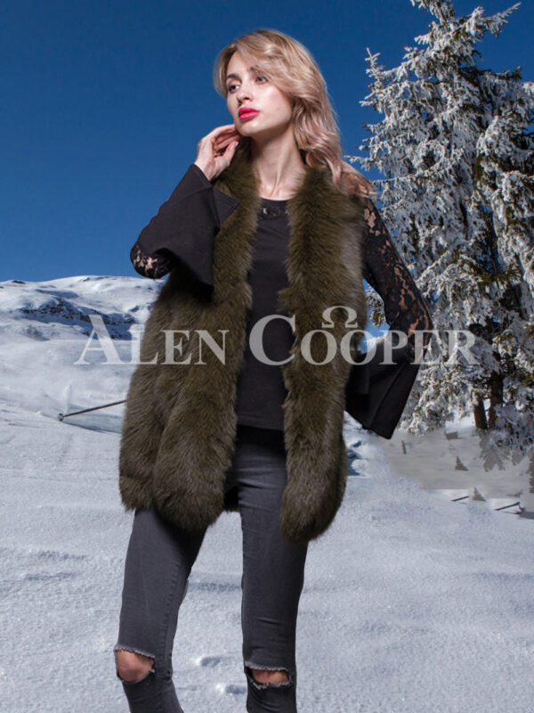 Women’s super stylish and unique real fox fur winter vest in rich olive side view