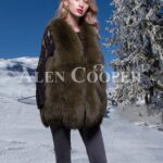 Women’s super stylish and unique real fox fur winter vest in rich olive sideview