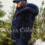 Women’s super stylish paragraph real fox fur winter outerwear with hood Navy