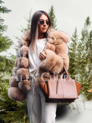 Women’s super stylish paragraph real fox fur winter outerwear with hood in coffee