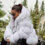 Women’s super stylish paragraph real fox fur winter outerwear with hood in white