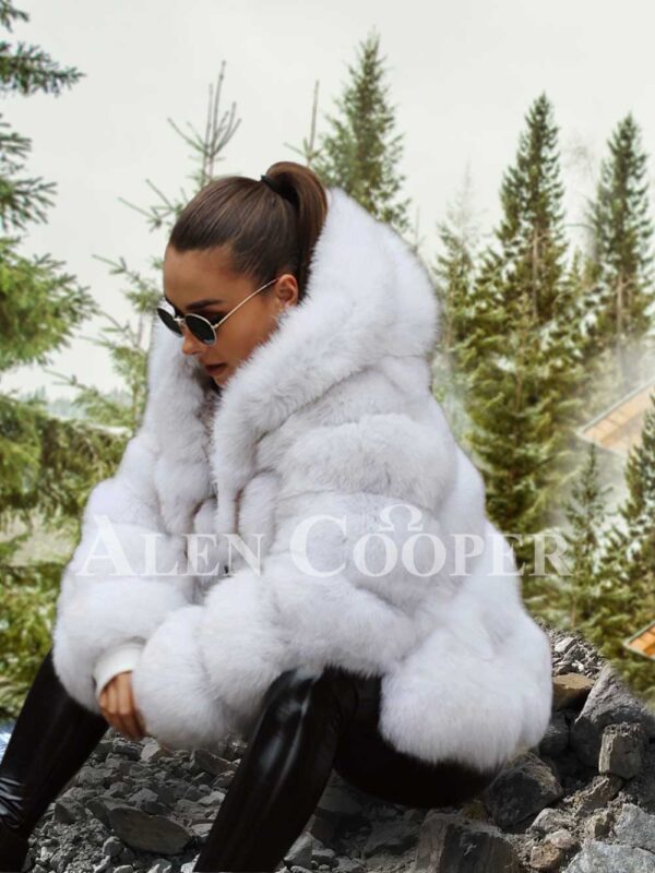 Women’s super stylish paragraph real fox fur winter outerwear with hood in white