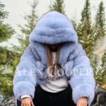 Women’s super stylish paragraph real fox fur winter outerwear with hood light blue