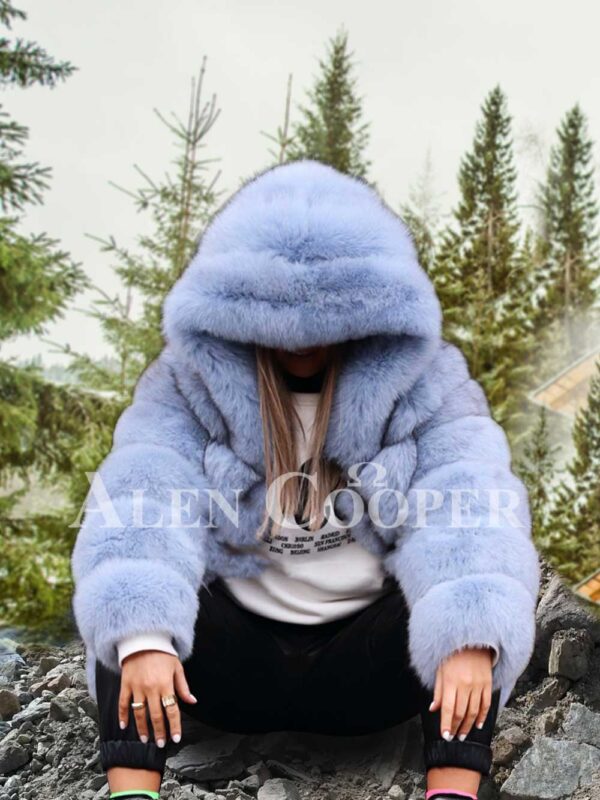 Women’s super stylish paragraph real fox fur winter outerwear with hood light blue