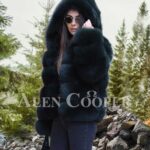 Women’s super stylish paragraph real fox fur winter outerwear with hood navy blue