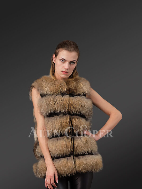 Women’s super stylish sleeveless 5 paragraph real fox fur super warm winter vest In Brown New view